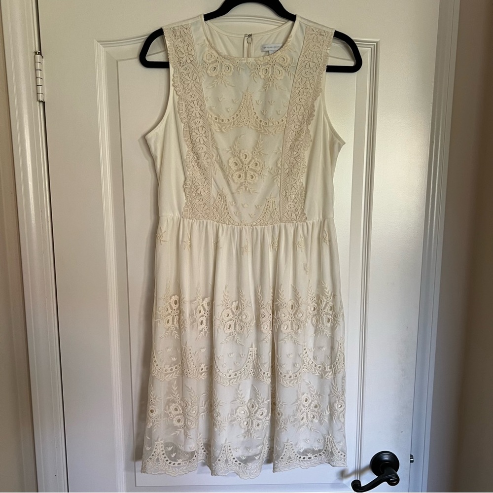New York & Company White Sheer Lace Eyelet Embroidered Sleeveless Dress - Size M